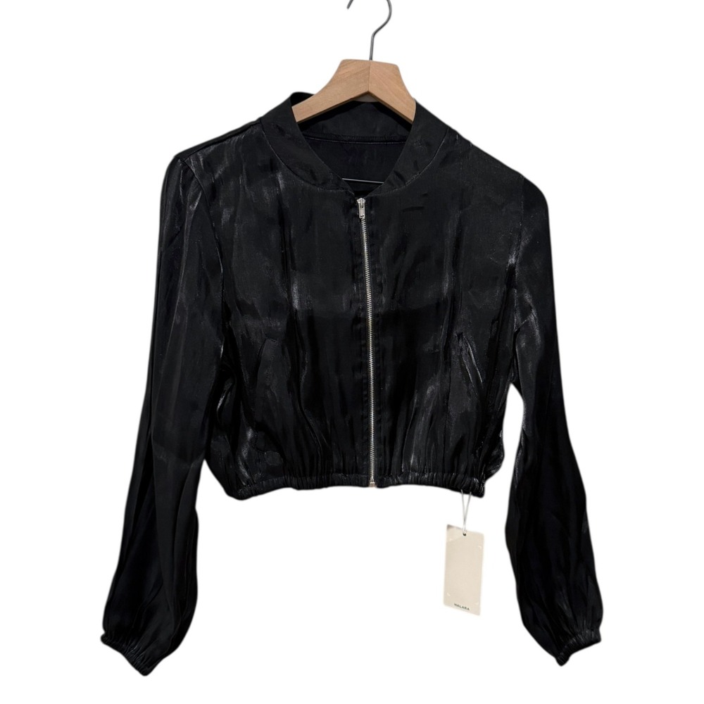 Halara Womens Cropped Zip Up Lightweight Bomber Jacket‎ XS Black Shimmer